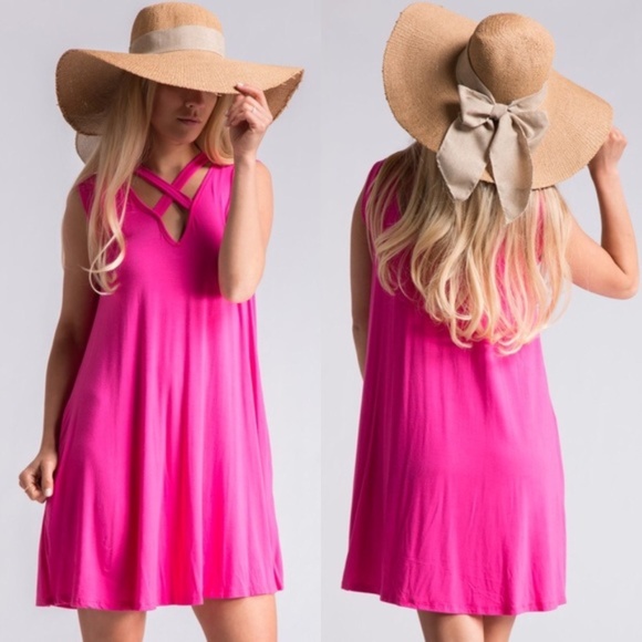 SLEEVELESS HOT PINK DRESS CRISS CROSS SWING FLARE - Picture 1 of 3